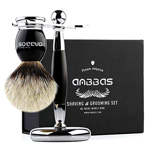 Shaving Brush and Stand, Anbbas Silvertip Badger Hair Brush Set with Stainless Steel Shaving Stand for Double Edge Safety Razor Straight Razor,Black Resin Alloy Handle for Men