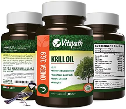 Krill Oil 1000MG All Natural Supplement, Promotes Cardiovascular Health, Supports Joint Health, Powerful Antioxidant, Rich in DHA & EPA Omega 3s & Phospholipids -60 Softgels- By Vitapath