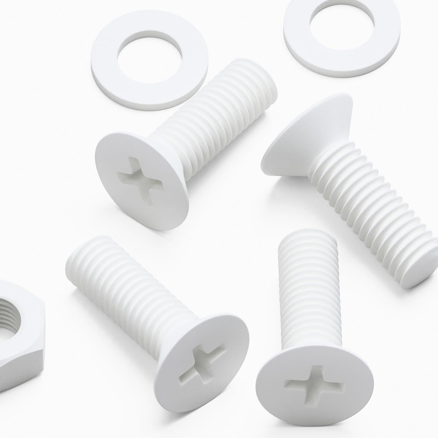 20 x White Countersunk Screws Polypropylene (PP) Plastic Nuts and Bolts, Washers, M8 x 20mm, Anti-Corrosion, Chemical Resistant