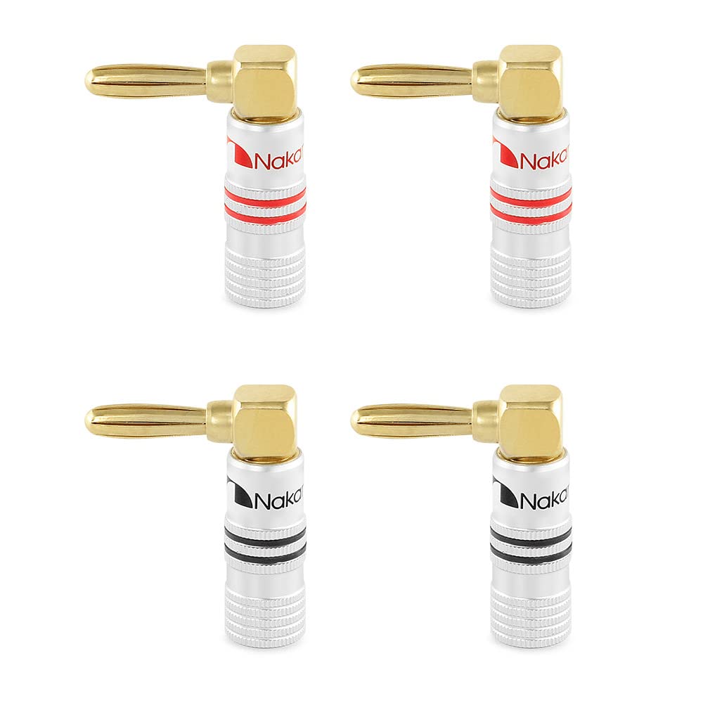 Nakamichi Excel Series 24k Gold Plated Banana Plug 12 AWG - 18 AWG Gauge Size 4mm Speakers Amplifier Hi-Fi AV Stereo Home Theatre Audio Wire Cable Screw Connector 4 Pcs (2-Pairs), Right Angle Plug