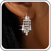 Aneneiceera Vintage Crystal Chandeliers Earrings Gold Rhinestone Dangle Earring Cz Paved Chain Tassel Earrings Bridal Fringe Tennis Chain Crystal Earring Wedding Chandelier Drop Earrings Jewelry for Women