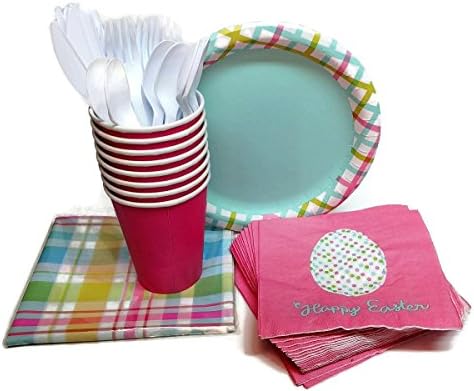 Happy Easter Plaid Pastel Party Supply Bundle Serves 8 (61 pieces)