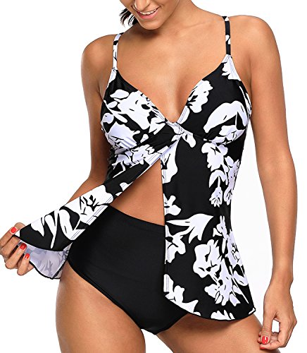 Dearlovers Womens V Neck Floral Printed Two Piece Tankini Swimsuits Bikini Set Medium Size White