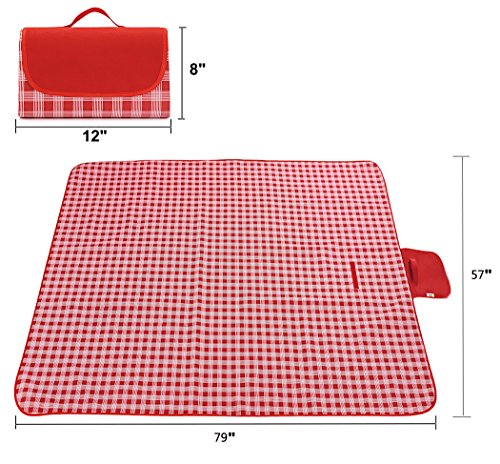 Extra Large Picnic Blanket with Tote,Foldable and Waterproof Sandproof Plaid Handy Mat for Outdoor Hiking Beach Travel Camping on Grass Red