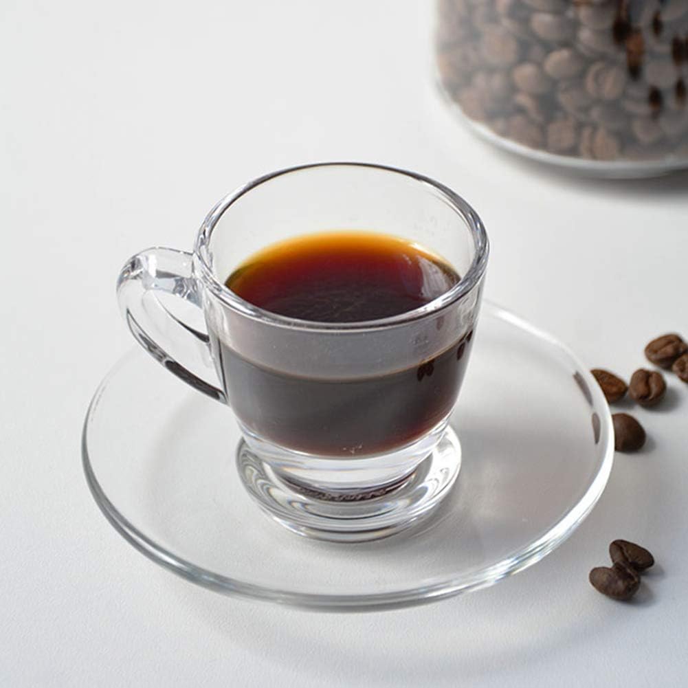 MOLFUJ Cute Glass Espresso Cups with Saucers Set of 6, 2.3 Oz Clear Design Shot Glass Espresso Coffee Mugs Tiny Coffee Demitasse Cups for Afternoon Tea Chocolate Cappuccino Latte Gift for Coffee Lover