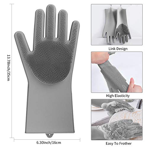 Magic Silicone Cleaning Gloves Dishwashing Scrubber - 1 Pair Reusable Dish Wash Scrubbing Sponge Gloves with Bristles, Great for Washing Dish, Kitchen, Car, Bathroom. (Gray)