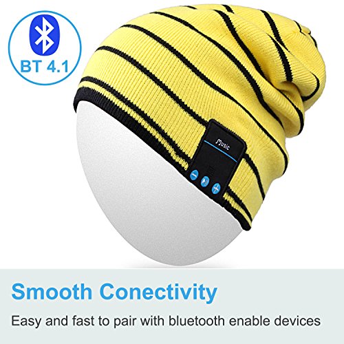 Bluetooth Hat,Qshell Trendy Warm Soft Knit Slouchy Music Beanie Skully Cap with Wireless Bluetooth Headphone Headset Earphone Hands-free Phone Call for Winter Sports Fitness Casual Activities - Yellow