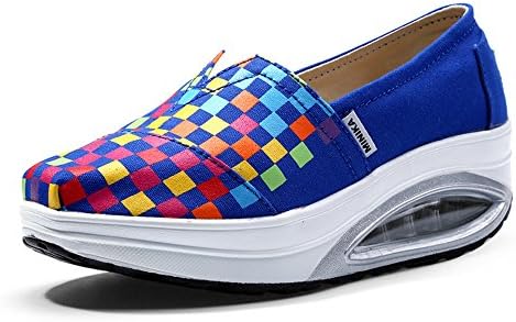 pit4tk Women's Canvas Slip-On Platform Toning Shoes Crochet Fitness Work Out Sneaker Work Shoes Mother Shoes Casual Flat