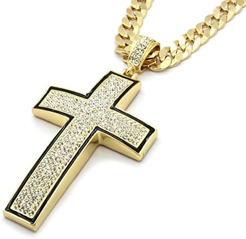 Mens Gold Plated Black Outline Iced Out Cross Pendant Hip-Hop 6mm 24" Inch Cuban Chain Necklace