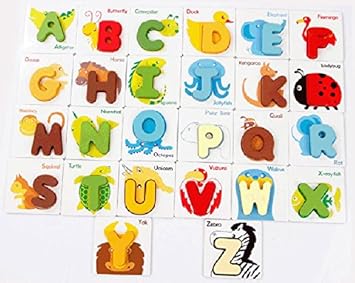 Angel Impex British Cards Game to Recognise with 26 Colorful Wooden Alphabets, Also 2 Side Bases in A Bag for Kids