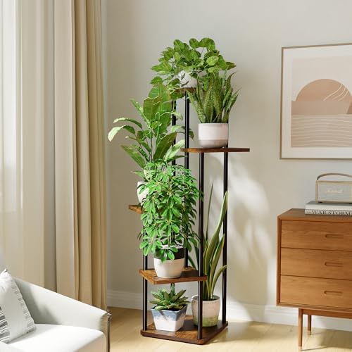 Support Plantes Intérieur À 5 Niveaux, Porte Plante Intérieur Pour Plusieurs Plantes, Étagère Plante En Métal Brun, Porte Plante Extérieur (Brun Rustique)