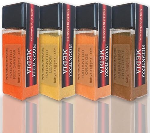 4 HABANERO powders : RED SAVINA, CHOCOLATE, ORANGE, LEMON hot pepper kit unbreakable bottle 40g total