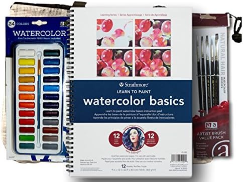 Learn To Paint Watercolor Starter Kit: Strathmore Learning Series book w/12 lessons and Premium Paper, Premium Natural Hair Brush Set, 24 Color Pan Paints and Zippered Bag for Travel or Supply Storage