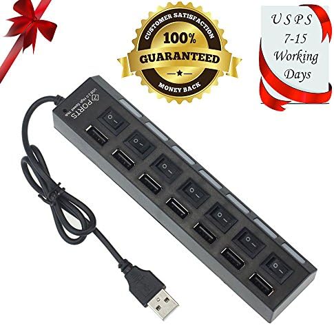 seelike 7 Ports High Speed USB 2.0 Hub Adapter with Individual Power Switches and LEDs for iMac MacBook Pro Air Mac Mini or any PC, USB Extender Hub Adapter for Samsung HP DELL Lenovo ASUS Laptop Desktop PC Computer [Black]