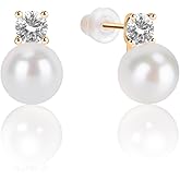 MIKOSTRA 18K Gold Post Cubic Zirconia White Round AAAAA+ Quality Handpicked Freshwater Cultured Stud Button Pearl Earrings Hypoallergenic with Genuine Cultured Pearls