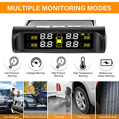 Zmoon TPMS Car Tire Pressure Monitoring System Solar Power Universal Wireless LCD Display with 4 External Sensors Real-time Display 4 Tires' Pressure & Temperature - Thumbnail 3