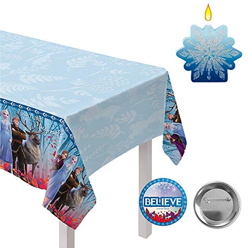 Frozen 2 Birthday Party Essentials Supplies Pack For 16 Frozen 2 Plates, Napkins, Cups, Tablecover, Birthday Candle, Snowflake Centerpiece and Believe Pin