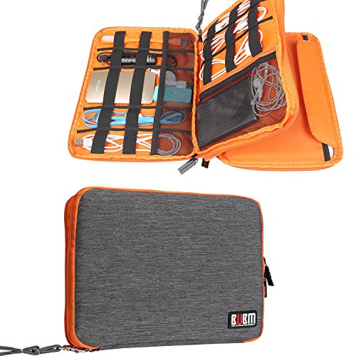 BUBM Universal Double Layer Cables Case for USB Cable Battery Charger Case Storage Mobile Disk Bag Travel Organiser Padded Electronic Case for iPad Mini (Grey & Orange)