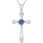 QUALISE Cross Necklace for Women,925 Sterling Silver Birthstone Necklace with Diamond Faith Religious Birthstone Jewelry Birthday Holiday Gifts for Her/Wife/Mom/Girlfriend