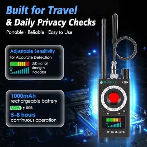 JMDHKK K18+ Hidden Camera Detector, Spy Camera Finder, Bug Detector, Magnetic Field Detector, Listening Device Detector – Privacy Protection Tool for Home, Office, Hotel, and Travel Security(Black)