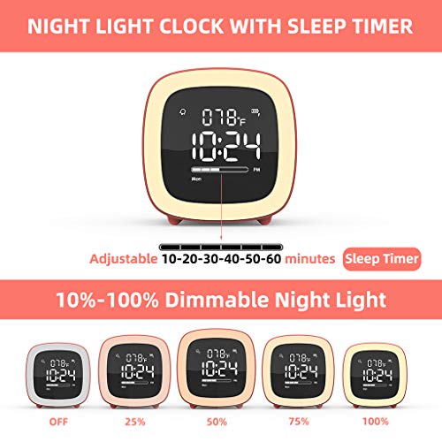 Kids Alarm Clock, Cute-TV Night Light Alarm Clock for Kids, Girls, Children, Bedroom, Rechargeable Battery Operated Alarm Clock with Sleep Timer, Indoor Thermometer - Living Coral - Thumbnail 2