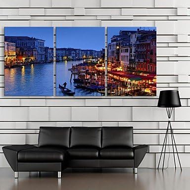 E-HOME Stretched LED Canvas Print Art City Canal Flash effect LED Set of 3 , 20" x 28"