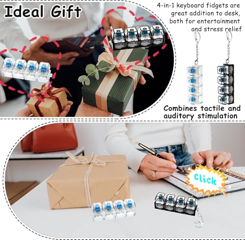 2Pcs Keyboard Fidget Keychain, 4-in-1 Keyboard Decompression Button Finger Clicker Toys, Button Stress Relief Fidget Gift for Office Home Pass Time (Clear Black)