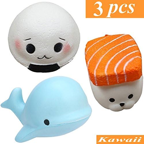 Kawaii Squishies Slow Rising Cream Scented Squeeze Toys Salmon Sushi Whale Steamed Buns Charms Stress Relief Gift Party Decoration Supplies, Pack of 3