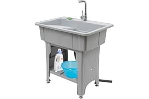 LEYSRIS Freestanding Plastic Laundry Sink with Washboard, Indoor and Outdoor Laundry Tub Utility Sink with Faucet, Hoses and Drain Kit for Garage, Laundry Room, Workshop, Basement (Gray, 31.5x22.05x31.5in)