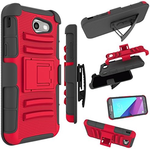 For Samsung Galaxy J3 Emerge Case, J3 Prime / J3 Eclipse / J3 2017 / J3 Luna Pro / Sol 2 / Amp Prime 2 / Express Prime 2 Cover, Zoeirc Shock Proof Dual Layer with Kickstand &amp; Belt Clip Holster (red)
