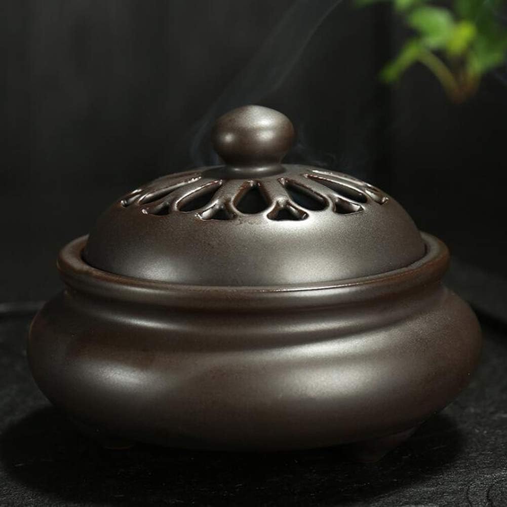 NAGU 100% Handmade Ceramic Incense Burner Holder,Round with Lid Three-Legged Openwork Incense Ash Tray,Retro Home Office Decorations