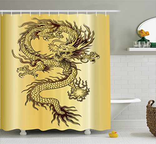 Dragon Decor Shower Curtain Set By Ambesonne, Chinese Snake Dragon Theme Print On Golden Background Eastern Mythology Oriental Abstract Art, Bathroom Accessories, 69W X 70L Inches, Gold