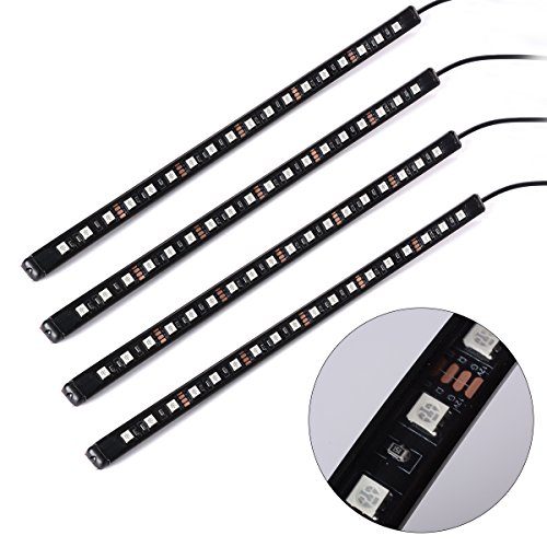 Xcellent Global 4pcs 12 Inch 8 Color Car Interior Light LED Decoration Atmosphere Neon Light Strip Under Dash Light Kit with Sound Active Function Wireless IR Remote Control DC 12V Car Charger AT010