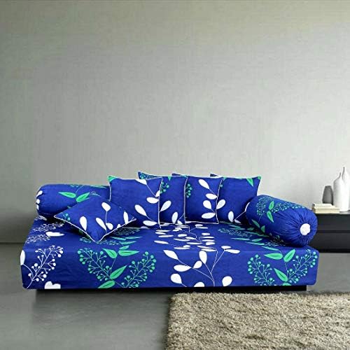 choice homes Cotton Diwan Set 8 Pieces of Combo 5 Cushion Covers with Piping 2 Bloster Covers with Single Bedsheet Color-Royal Blue