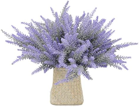 Velener Artificial Flowers Purple Provence Lavender Arrangements in White Woven Vase for Home Decor (12 Bundles)