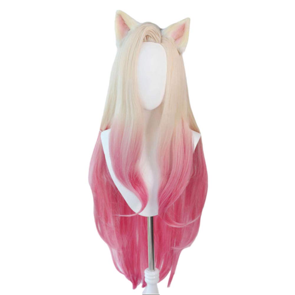 L-email wig KDA Baddest Ahri Cosplay Wigs LOL KDA Cosplay Blonde Mixed Pink Wigs with Ears Heat Resi