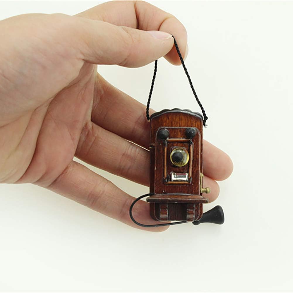 loinhgeo-Dollhouse Toy Accessories,Mini Vintage Wooden Wall Hanging Telephone Toy Miniature Dollhouse Accessories - Ebony