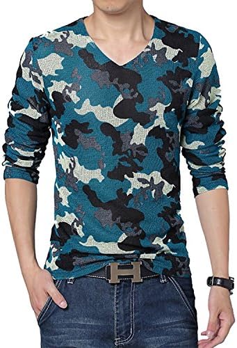 Barder Slim Men's Camouflage Pattern Long Sleeve V-Neck Grenadine T-shirt US XS-3XL BlueUS M Chic and Fresh