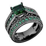 JunXin Black Gold Square Emerald Green Gemstone Women Wedding Engagement Set Round CZ Size5/6/7/8/9/10/11