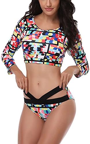 JYUAN Women's Long Sleeve Crop Top Swimsuit Plus Size 2 Piece Swimwear Rush Guard Surf Suit