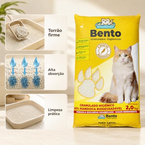Areia Sanitária Higiênica para Gatos 2kg Biodegradável de Mandioca Alto Poder de Absorção Natural sem Perfume Torrão Firme Baixa Poeira para Caixa de Areia e Ajuda no Controle de Odores
