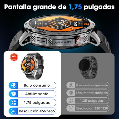 Reloj Inteligente Hombre 1,75" AMOLED 730mAh 110+ Modos Deportivos, Reloj Militar Hombre Pulsómetro/Sueño/Podómetro/IP68 Impermeable, Smartwatch con LED Linterna para Android iOS (Llamadas Bluetooth)