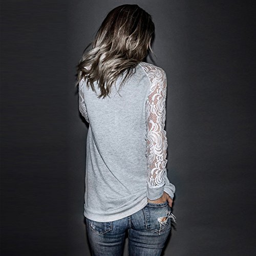 Orangeskycn Fashion Womens Casual Lace Long Sleeve Pullover Crop O-Neck T-Shirt Blouse Tops (Gray, M)