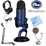 BLUE MICROPHONES Yeti USB Microphone Midnight Blue (Yeti Midnight Blue) + Professional Headphones + Suspension Boom Scissor Arm Stand + Microphone Wind Screen + Mic Stand Adapter + MicroFiber Cloth