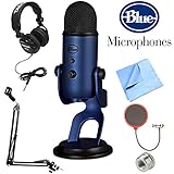 Blue Microphones Yeti USB Microphone Midnight Blue (Yeti Midnight Blue) + Professional Headphones + Suspension Boom Scissor Arm Stand + Microphone Wind Screen + Mic Stand Adapter + Microfiber Cloth