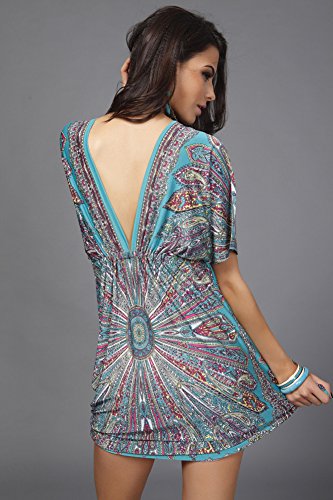 Shawhuaa Womens Sexy V-Neck Vintage Summer Tunic Beach Dress Medium Blue