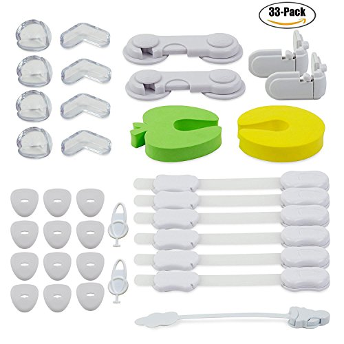 Kids Home Set for Furniture (33-pack),12 Plug Protectors,8 Corner Guards,6 Secure Strap Latches,2 Door Stoppers,2 Cabinets Locks,2 Drawer Locks,1 Toilet Lock,Easy to Install