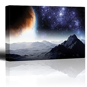 Rocky Mountains with View to The Golden Moon and Starry Sky - Canvas Art Home Art - 12x18 inches