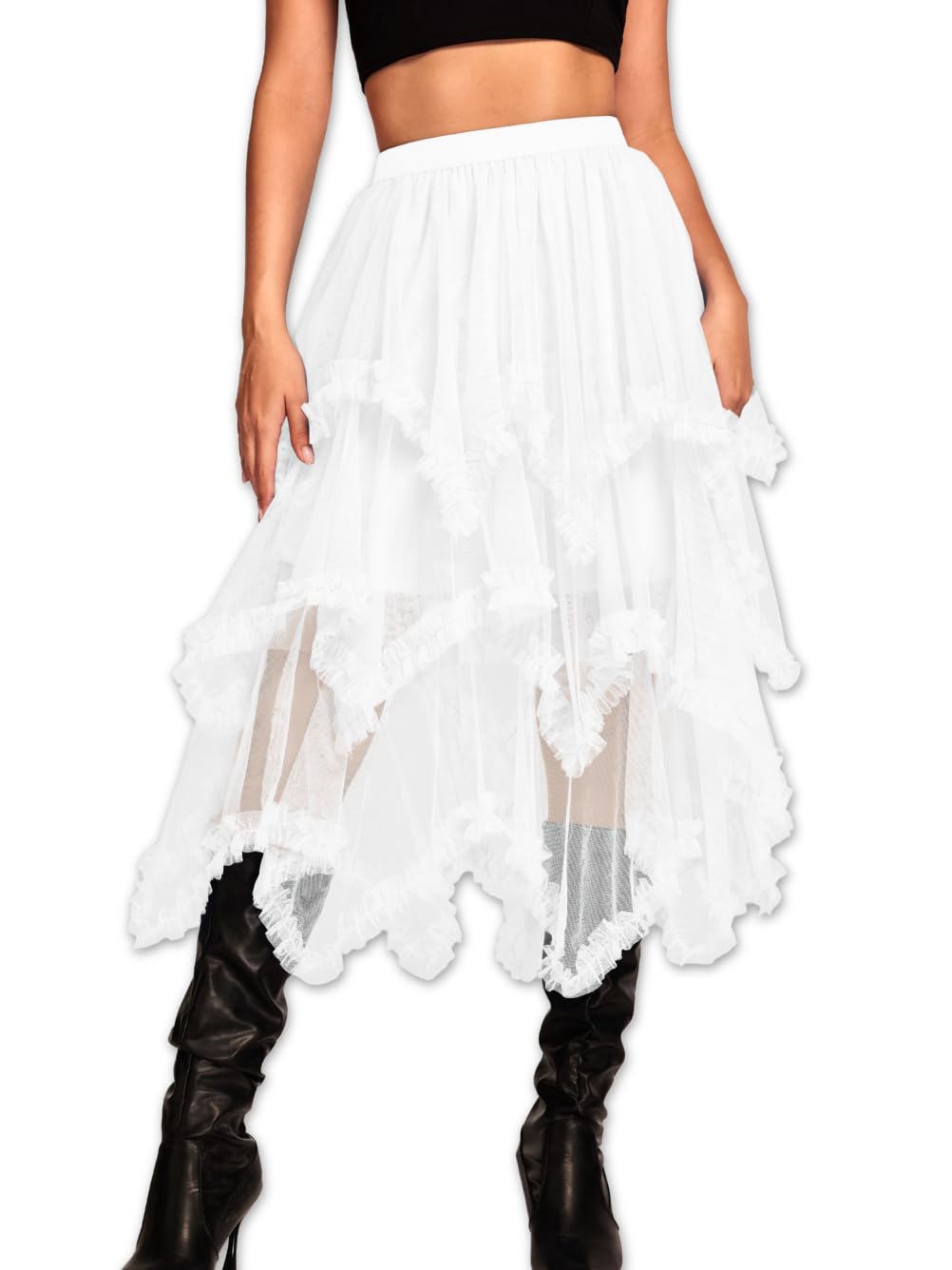 Photo 1 of Kaei & Shi Long Tulle Skirt, High Waisted Asymmetrical Ruffle Skirts for Women, Renaissance Fairy Costume Concert Birthday Party White One Size