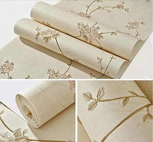 Coffee Floral Wallpaper 3D European Textured Flowers Wall Paper Coverings For Girls Room Bedroom 3d wallpaper (Color : WP68501 Cream, Size : 10mx53cm)